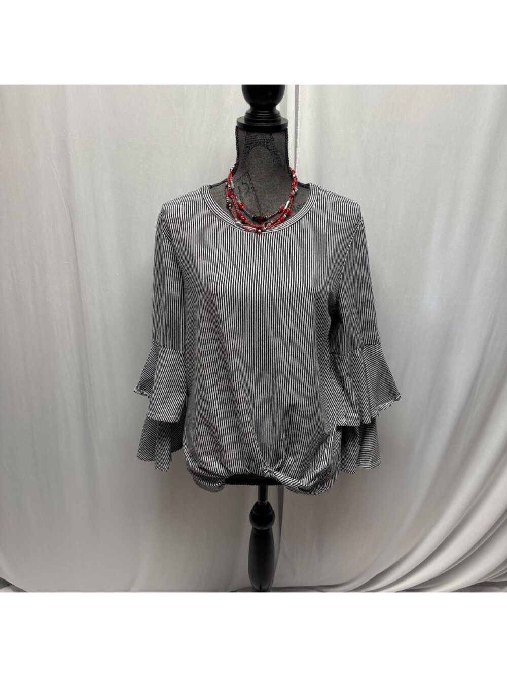 Bold Elements Bell Sleeve Top Womens Size XL Black White Striped Twist Hem Boho
